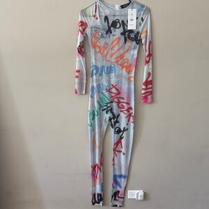 AKIRA Blue Multi Abstract Jumpsuit